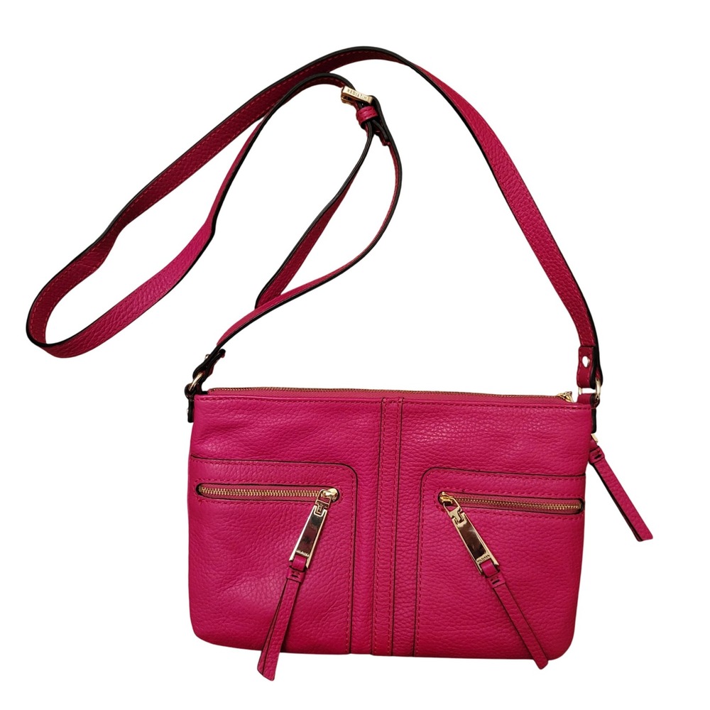 Tommy Hilfiger Crossbody Purse Raspberry T Group Pebble Leather Gold Hardware‎